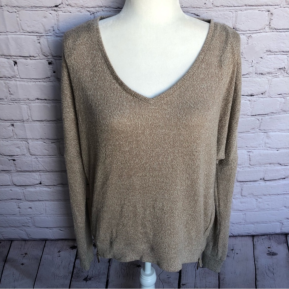 ANGL Tan Long Sleeve Knit Long Sleeve Shirt Zipper Detail Size Medium